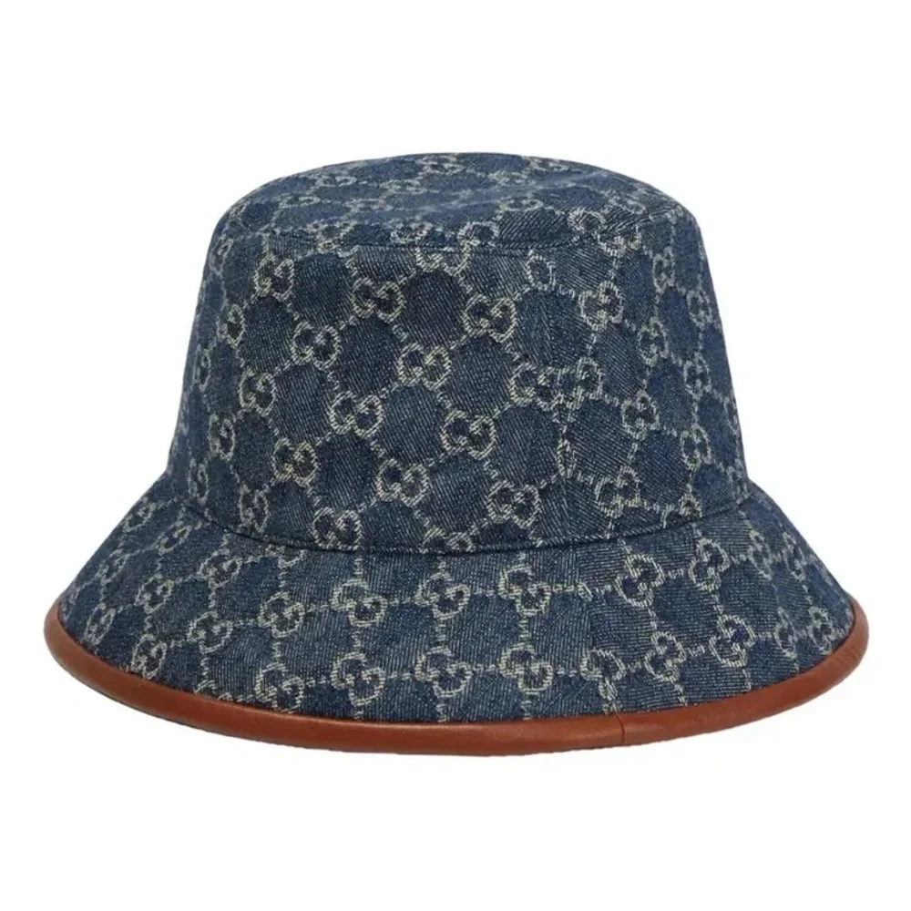 Denim Supreme Monogram Bucket Hat Stiff Navy Blue Canvas Brown Calf Leather Trim - Picture 2 of 13